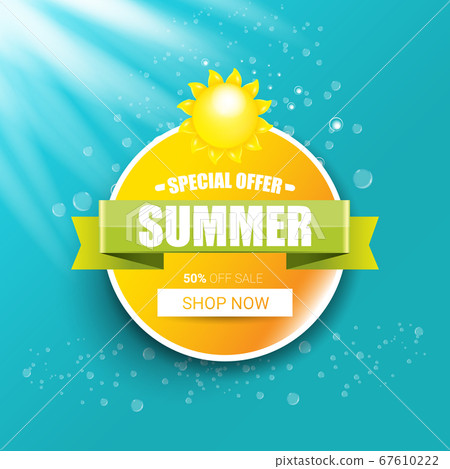 vector special offer summer label design template . Summer sale banner or badge with beautiful sun and calligraphic text on azure background with sun lights vector special offer summer label design template . Summer sale banner or badge with beautiful sun and calligraphic text on azure background with sun lights 67610222