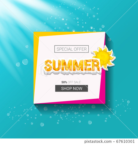 vector special offer summer label design template . Summer sale banner or badge with beautiful sun and calligraphic text on azure background with sun lights vector special offer summer label design template . Summer sale banner or badge with beautiful sun and calligraphic text on azure background with sun lights 67610301