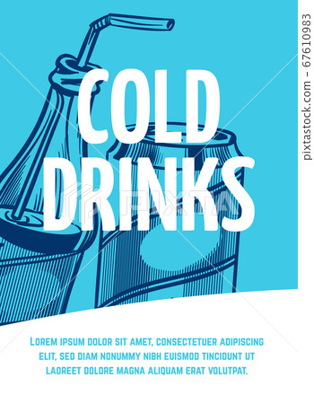 Cold drink flyer. Jar and bottle with straw hand drawn vector illustration sketch style in blue colors for menu with text and copy space 67610983