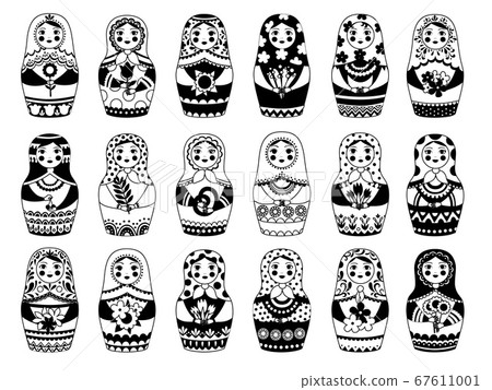 Russian dolls collection. Monochrome traditional female toy floral decoration moscow woman authentic russian faces vector set 67611001