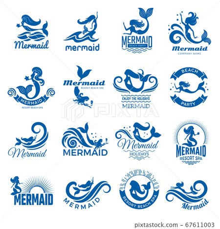 Mermaid silhouettes. Fantasie swimming women with flippers and tails marine mermaid vector emblems collection 67611003