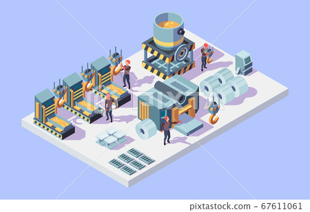Steel factory. Foundry metallurgy processes in factory interior isometric workers vector Steel factory. Foundry metallurgy processes in factory interior isometric workers vector 67611061