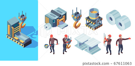 Metallurgy factory. Iron manufacturing heavy steel foundry production vector isometric illustration 67611063