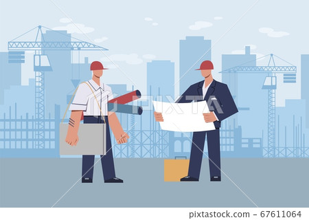 Architect at construction site. Master foreman with helmet on his head with diagram in hands during construction on landscape skyscraper and crane, flat cartoon vector illustration Architect at construction site. Master foreman with helmet on his head with diagram in hands during construction on landscape skyscraper and crane, flat cartoon vector illustration 67611064