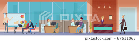 Office workspace. Managers business people working at computers modern startup project vector persons at office room vector cartoon background 67611065