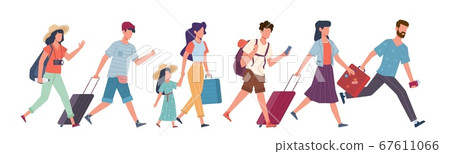 Running tourists. People with baggage hurry to flight, travelers in airport waiting plane departure, lateness registration vector concept 67611066