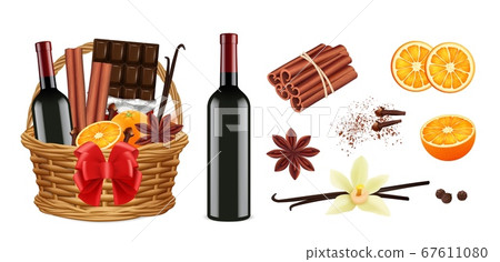 Mulled wine pack. Realistic christmas basket with wine cinnamon vanilla oranges. Isolated holiday gift vector illustration Mulled wine pack. Realistic christmas basket with wine cinnamon vanilla oranges. Isolated holiday gift vector illustration 67611080