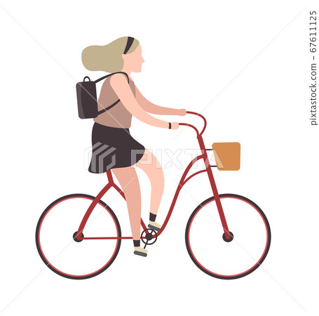 Woman riding on bicycle. Simple character cyclist girl rides on bike. Outdoor activities in park, healthy lifestyle. Flat vector cartoon isolated illustration 67611125
