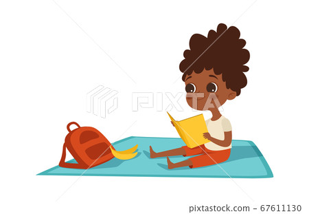 Girl reading. Afroamerican child with book and backpack sits on plaid. Summer activity, self education and entertainment vector illustration Girl reading. Afroamerican child with book and backpack sits on plaid. Summer activity, self education and entertainment vector illustration 67611130