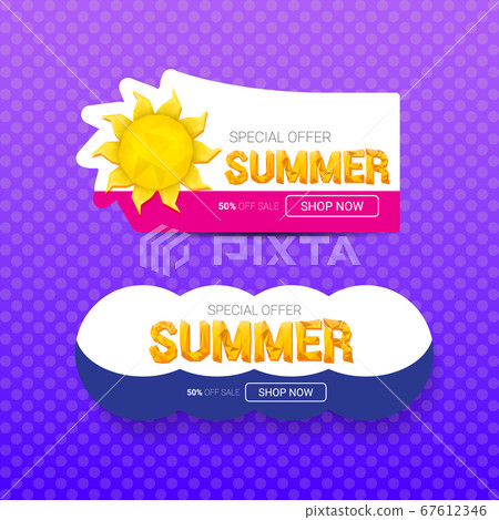 vector special offer summer label design template . Summer sale banner or badge with sun and text on summer violet background 67612346