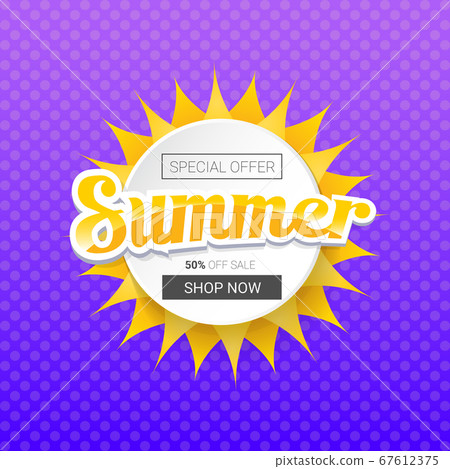 vector special offer summer label design template . Summer sale banner or badge with sun and text on summer violet background 67612375