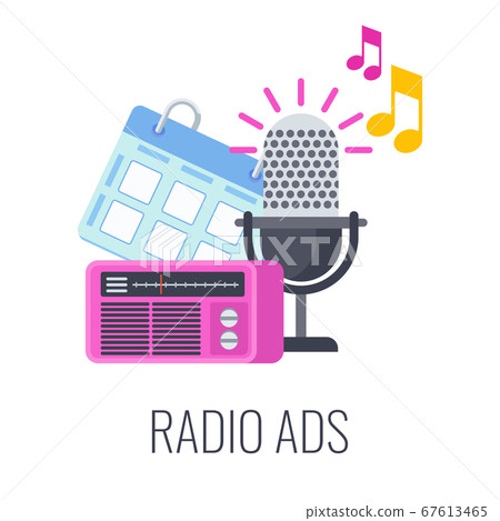 Radio ads icon. Radio microphone, calendar and radio receiver. 67613465