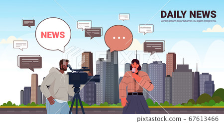 operator with reporter presenting live news journalist and cameraman doing report together movie making 67613466