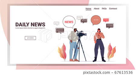 operator with reporter presenting live news journalist and cameraman doing report movie making concept operator with reporter presenting live news journalist and cameraman doing report movie making concept 67613536