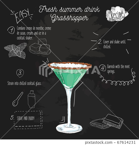 Hand drawn colorful fresh summer drink. Grasshopper recipe on blackboard. 67614231