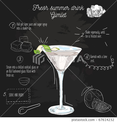 Hand drawn colorful fresh summer drink. Gimlet recipe on blackboard. Hand drawn colorful fresh summer drink. Gimlet recipe on blackboard. 67614232
