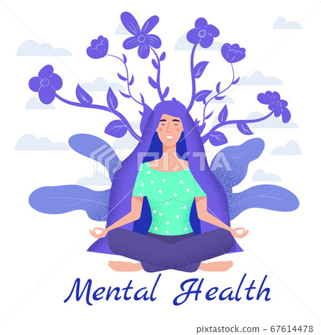 Mental health yoga meditation woman sit in the lotus position meditate. Mental calmness and self consciousness concept. Vector illustration isolated Mental health yoga meditation woman sit in the lotus position meditate. Mental calmness and self consciousness concept. Vector illustration isolated 67614478