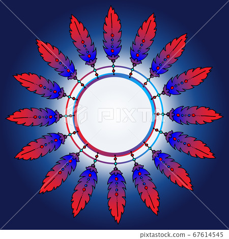 Feathers in a circle. Place for text. Colored background. The colors used are blue and red. 67614545