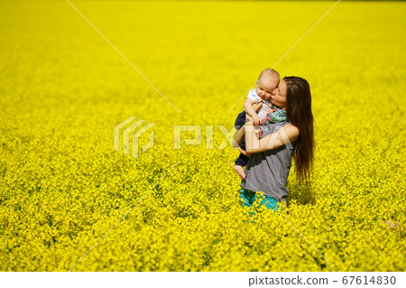 Young woman kissing little baby in bright yellow flower field in sunny summer day, family love and sincerity Young woman kissing little baby in bright yellow flower field in sunny summer day, family love and sincerity 67614830