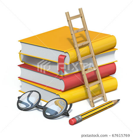 Books, pencil, glasses and wooden ladder 3D Books, pencil, glasses and wooden ladder 3D 67615769