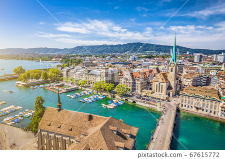 Aerial view of Zurich with river Limmat, Switzerland 67615772