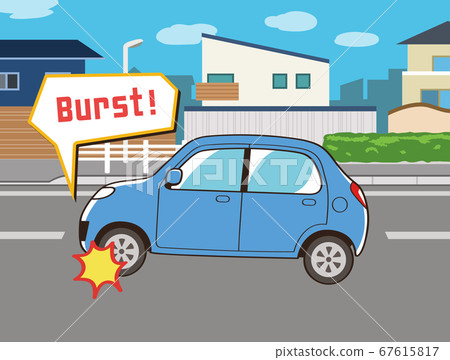 藍色汽車輪胎爆裂 67615817