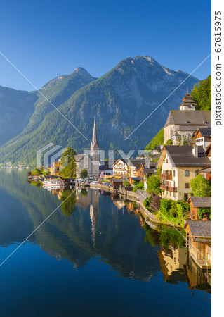 Classic view of Hallstatt at sunrise, Austria 67615975