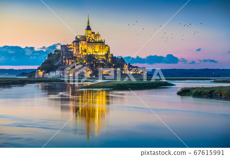 Mont Saint-Michel in twilight at dusk, Normandy, France 67615991
