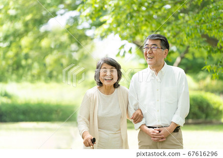 Senior couple walking in the park 67616296