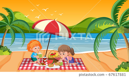Scene with kids having picnic on the beach Scene with kids having picnic on the beach 67617881