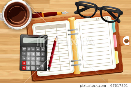 Office desk close up with notebook and calculator Office desk close up with notebook and calculator 67617891