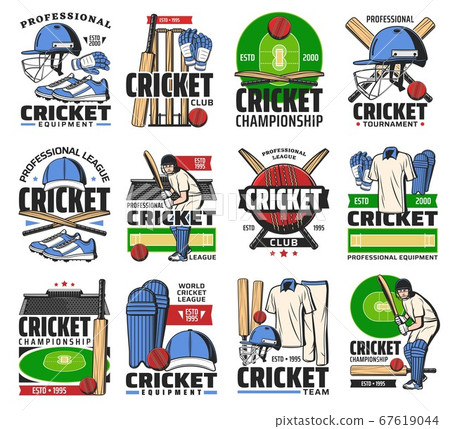 Cricket sport ball, bat, player and stadium icons 67619044