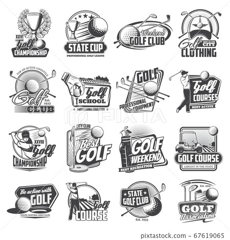 Golf sport icons of balls, clubs, tee, holes, flag 67619065
