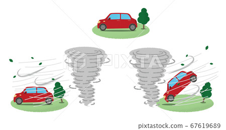 矢量圖組的紅色汽車遭受龍捲風破壞 矢量圖組的紅色汽車遭受龍捲風破壞 67619689