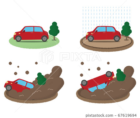 遇到泥沙災害的紅色汽車矢量插圖集 67619694