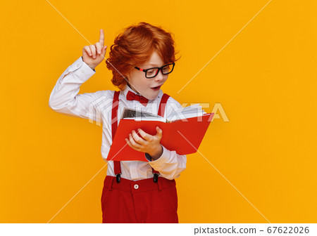 Smart schoolboy in glasses reading book. Smart schoolboy in glasses reading book. 67622026