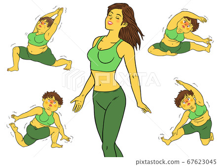 Yoga instructor woman and chubby woman 5 poses 67623045