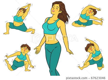 Yoga instructor woman and chubby woman 5 poses Yoga instructor woman and chubby woman 5 poses 67623046