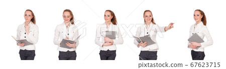 Red hair girl holding paper isolated on white Red hair girl holding paper isolated on white 67623715