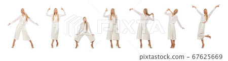 Blond hair model in elegant flared pants isolated on white Blond hair model in elegant flared pants isolated on white 67625669