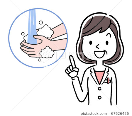 Vector material: Middle-aged female doctor explaining the importance of hand washing 67626426