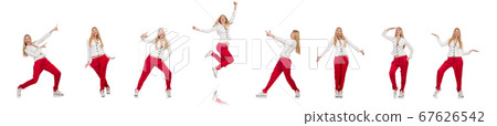 Woman pressing virtual button isolated on white 67626542