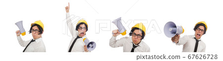 Construction worker in funny concept on white Construction worker in funny concept on white 67626728