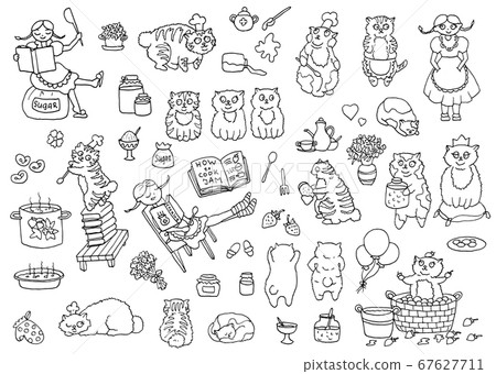 Vector set of adorable characters and mascots, pretty girl and bobtail cats the cooks, kitchen objects. Cute illustrations, black and white hand drawn collection for funny scene creator  67627711