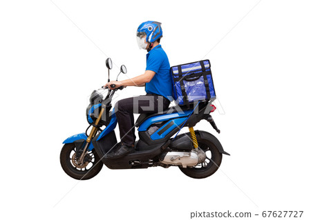 Delivery man wearing blue uniform riding motorcycle and delivery box Delivery man wearing blue uniform riding motorcycle and delivery box 67627727
