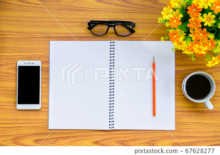 notebook on wooden table with coffee cup, phone, notebook on wooden table with coffee cup, phone, 67628277