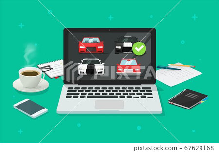 Car auto auction online on computer pc or rental vehicle internet shop comparison with choosing automobiles in office work desk vector flat, concept of digital store buying screen or web selling 67629168