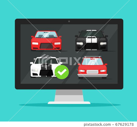 Car auto auction online on desktop computer or pc rental vehicle internet shop website comparison with choosing automobiles vector flat, concept of digital store buying screen or web selling modern Car auto auction online on desktop computer or pc rental vehicle internet shop website comparison with choosing automobiles vector flat, concept of digital store buying screen or web selling modern 67629178