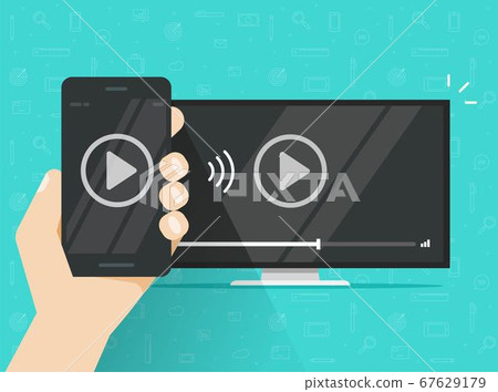 Phone connected to TV streaming and watching video content mobile technology or smartphone cellphone screen sharing multimedia app wirelessly vector flat cartoon illustration Phone connected to TV streaming and watching video content mobile technology or smartphone cellphone screen sharing multimedia app wirelessly vector flat cartoon illustration 67629179