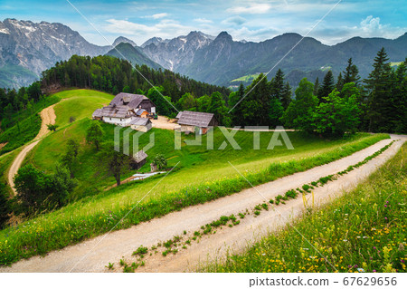 Rural farm in the forest glade with mountains, Slovenia 67629656
